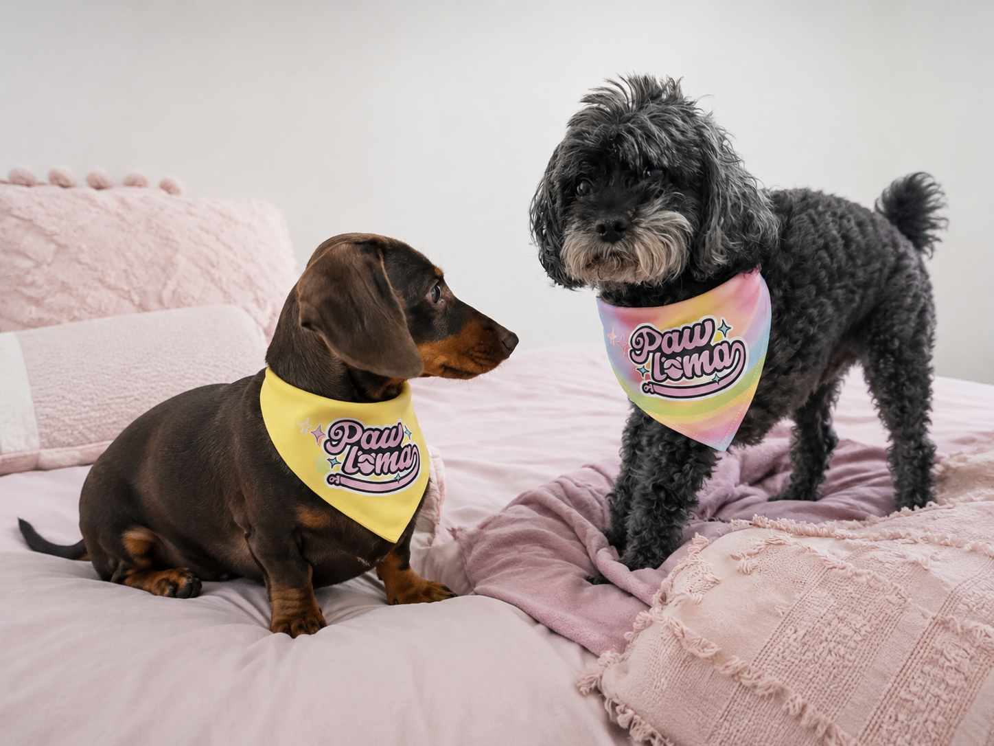 Millie the dachshund and a cavoodle mate in Pawloma bandanas