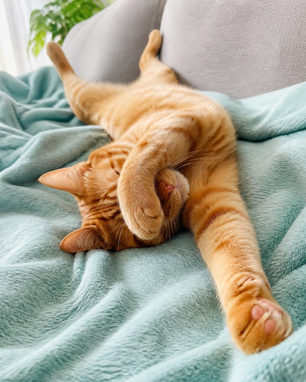A ginger cat resting on a soft blue blanket